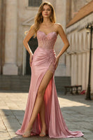 Load image into Gallery viewer, Sparkly Plus Size Blush Mermaid Long Corset Prom Dress with Slit