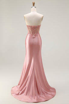 Sparkly Blush Corset Mermaid Long Prom Dress with Slit