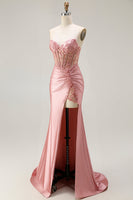 Load image into Gallery viewer, Sparkly Blush Corset Mermaid Long Prom Dress with Slit