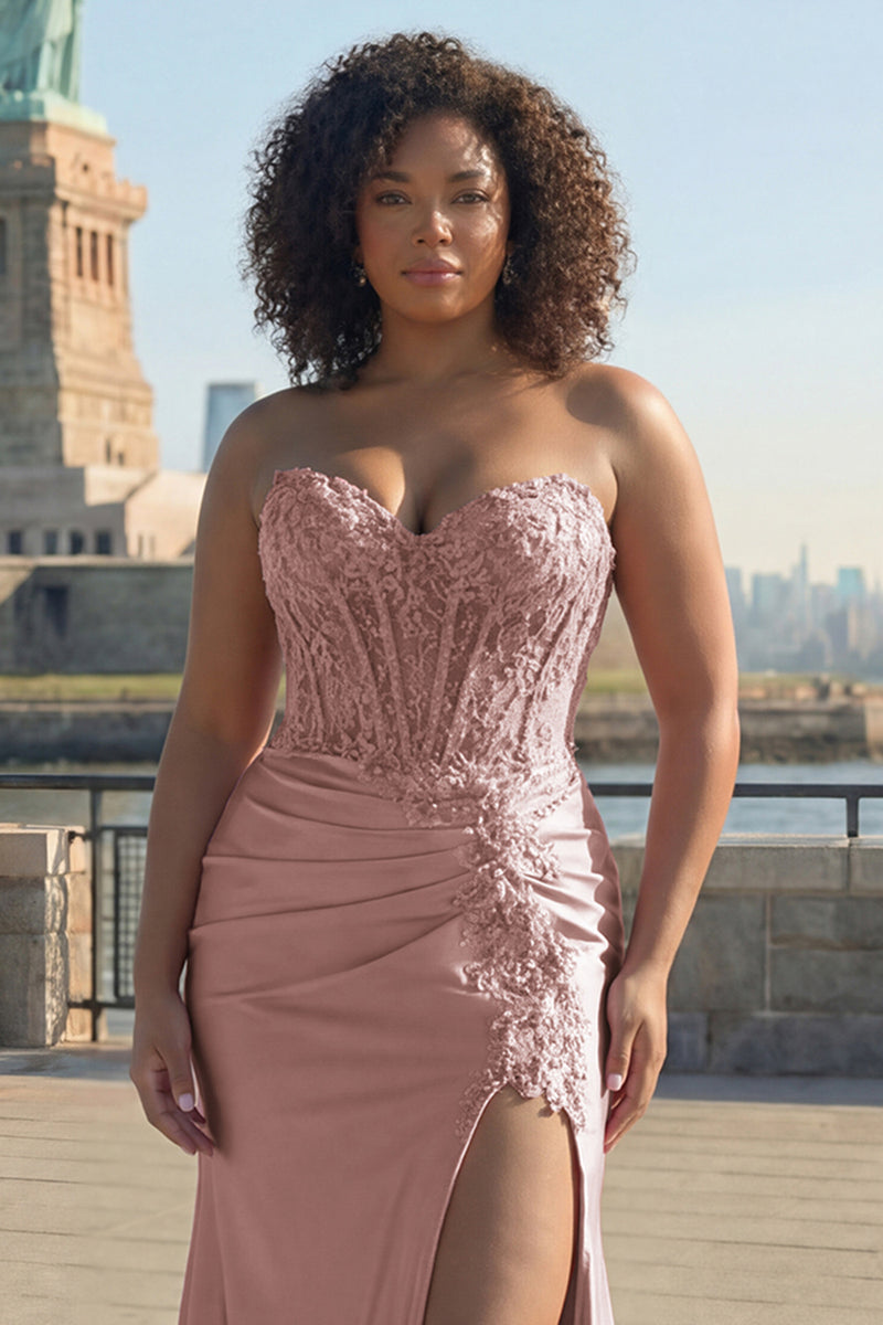 Load image into Gallery viewer, Sparkly Plus Size Blush Mermaid Long Corset Prom Dress with Slit