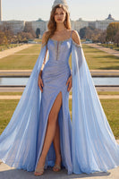 Load image into Gallery viewer, Sparkly Blue Plus Size Cold Shoulder Corset Maxi Prom Dress with Detachable Cape