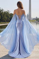 Load image into Gallery viewer, Sparkly Blue Plus Size Cold Shoulder Corset Maxi Prom Dress with Detachable Cape
