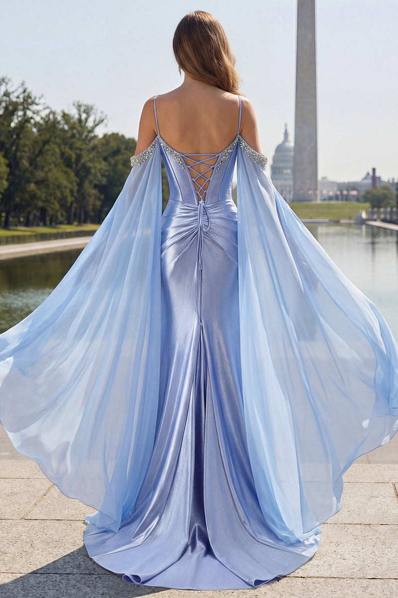 Load image into Gallery viewer, Sparkly Blue Plus Size Cold Shoulder Corset Maxi Prom Dress with Detachable Cape