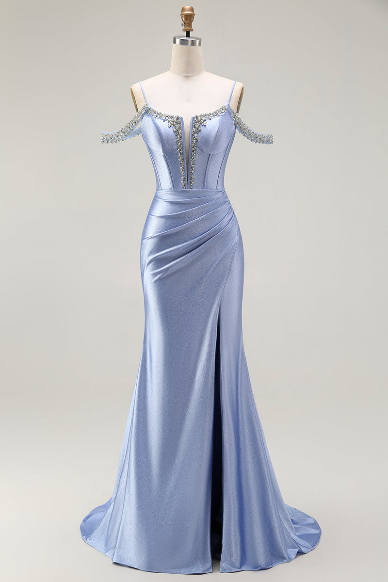 Load image into Gallery viewer, Sparkly Blue Mermaid Cold Shoulder Corset Maxi Prom Dress with Detachable Cape
