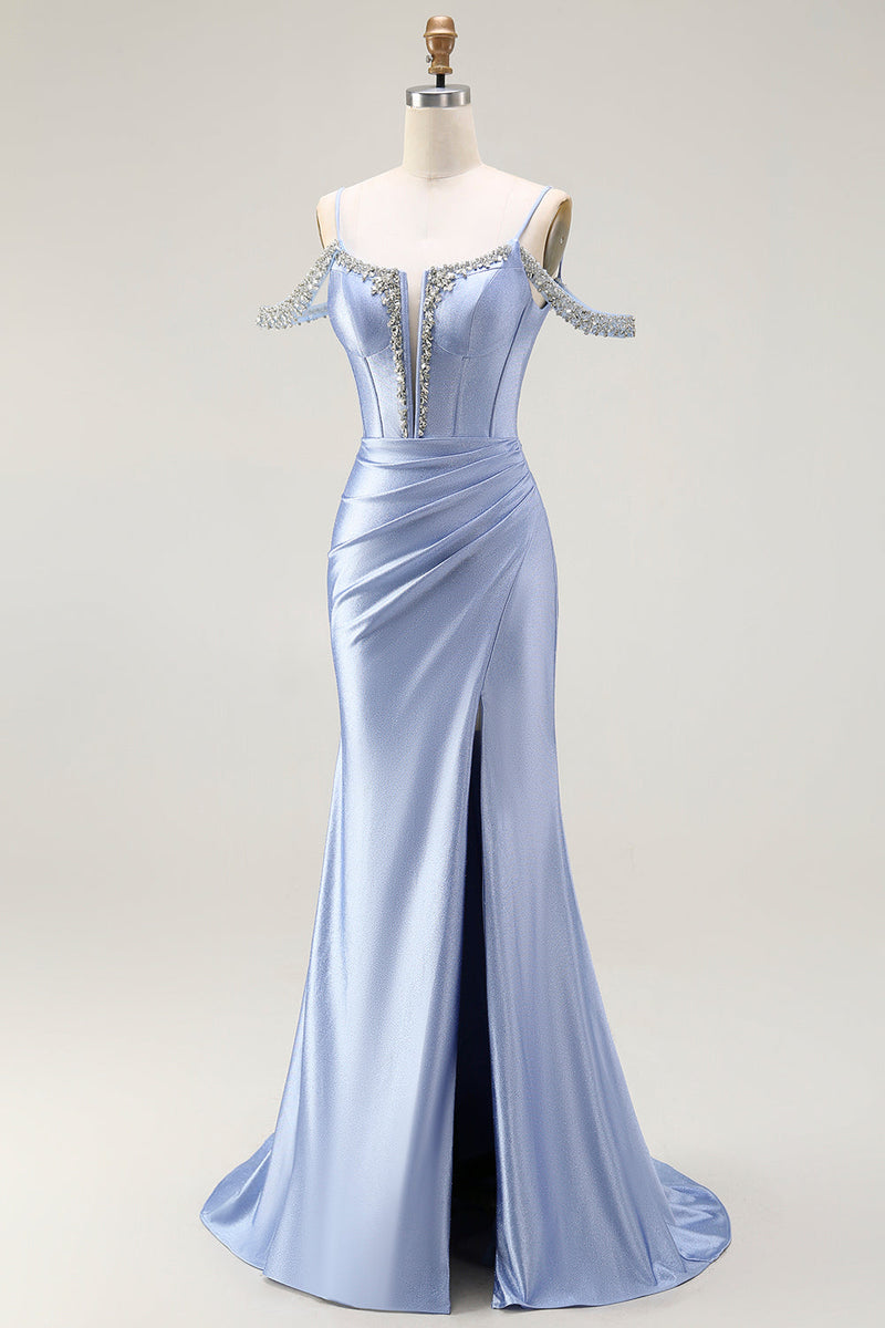 Load image into Gallery viewer, Sparkly Blue Mermaid Cold Shoulder Corset Maxi Prom Dress with Detachable Cape