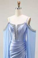 Load image into Gallery viewer, Sparkly Blue Mermaid Cold Shoulder Corset Maxi Prom Dress with Detachable Cape