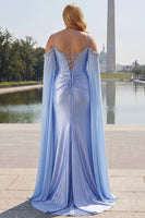 Load image into Gallery viewer, Sparkly Blue Plus Size Cold Shoulder Corset Maxi Prom Dress with Detachable Cape