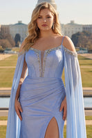 Load image into Gallery viewer, Sparkly Blue Plus Size Cold Shoulder Corset Maxi Prom Dress with Detachable Cape