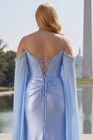 Load image into Gallery viewer, Sparkly Blue Plus Size Cold Shoulder Corset Maxi Prom Dress with Detachable Cape