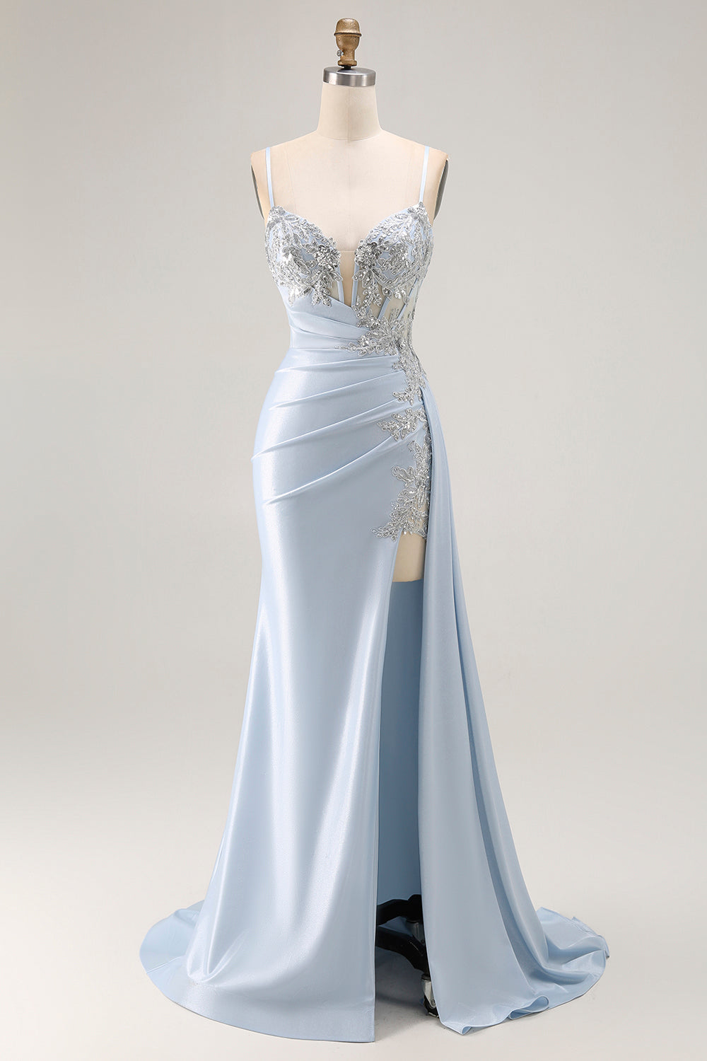 Sparkly Light Blue Corset Ruched Mermaid Long Prom Dress with Slit