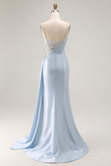 Sparkly Light Blue Corset Ruched Mermaid Long Prom Dress with Slit