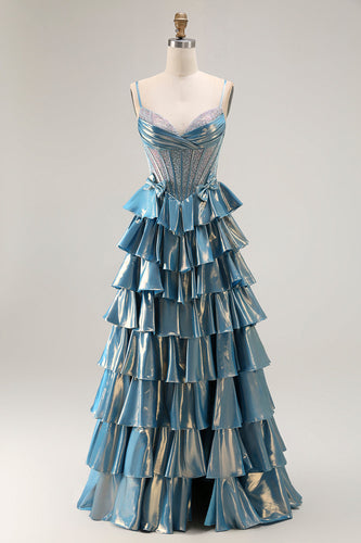 Sparkly Blue Metallic Beaded Ruffled Long Corset Prom Dress with Bow