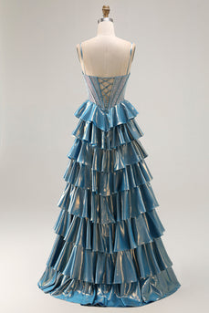 Sparkly Blue Metallic Beaded Ruffled Long Corset Prom Dress with Bow