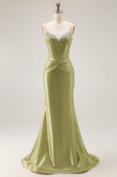 Load image into Gallery viewer, Sparkly Green Mermaid Spaghetti Straps Long Corset Prom Dress