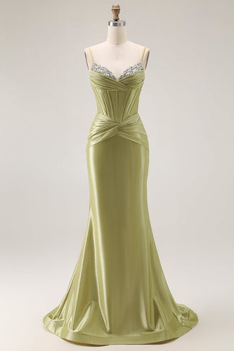 Sparkly Green Mermaid Spaghetti Straps Long Corset Prom Dress