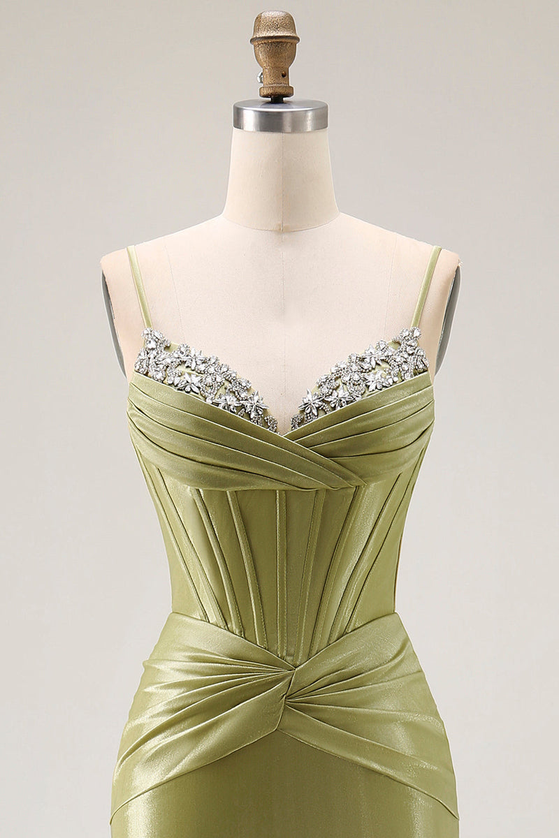 Load image into Gallery viewer, Sparkly Green Mermaid Spaghetti Straps Long Corset Prom Dress