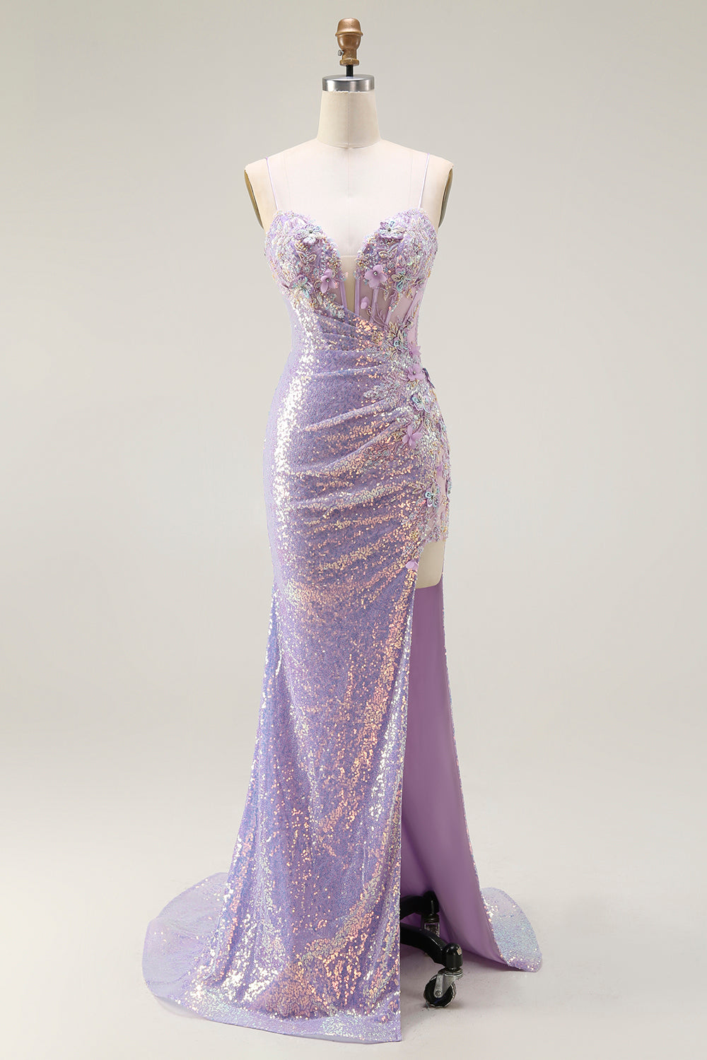 Sparkly Lilac Mermaid Long Corset Prom Dress with Slit