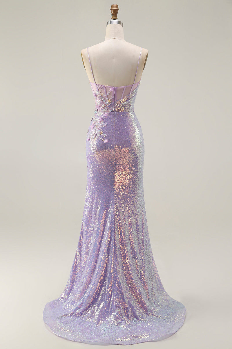 Load image into Gallery viewer, Sparkly Lilac Mermaid Long Corset Prom Dress with Slit