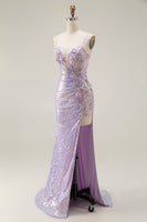 Load image into Gallery viewer, Sparkly Lilac Mermaid Long Corset Prom Dress with Slit
