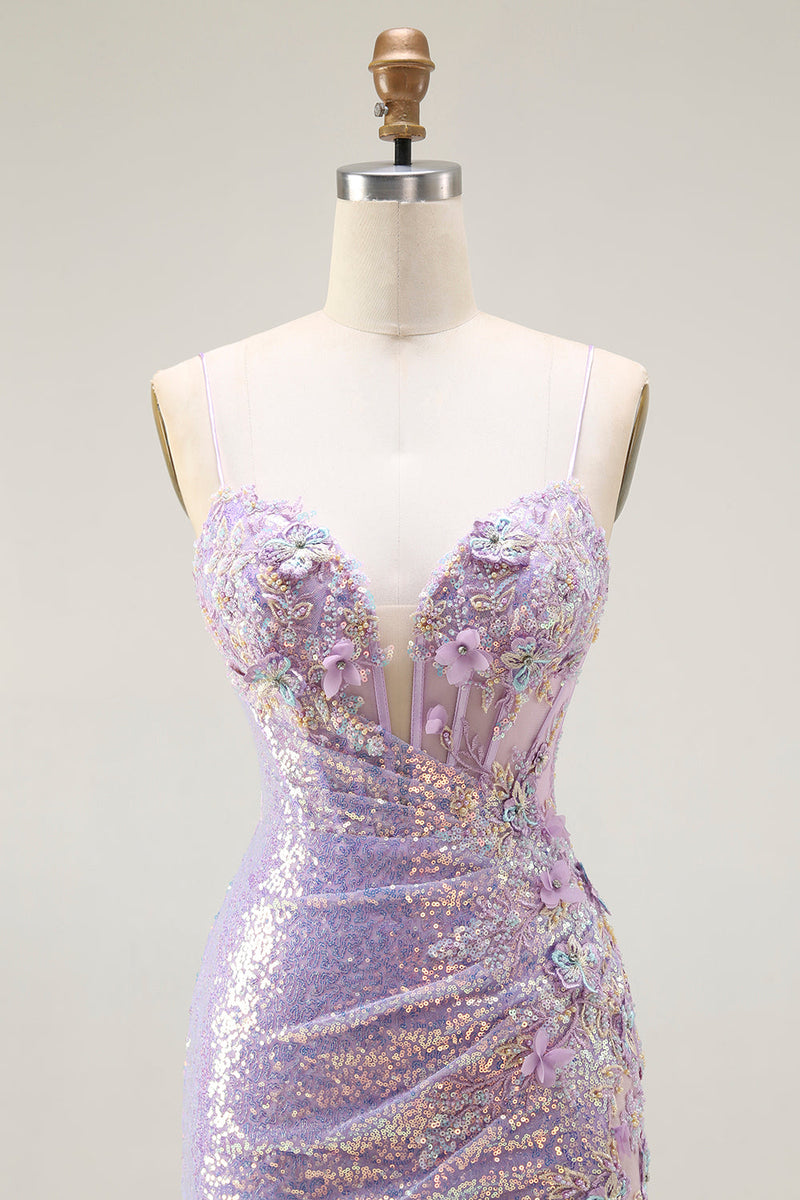 Load image into Gallery viewer, Sparkly Lilac Mermaid Long Corset Prom Dress with Slit