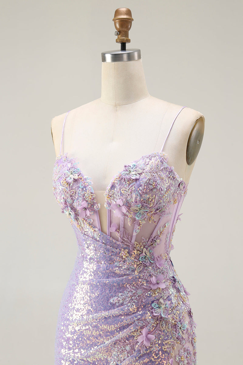 Load image into Gallery viewer, Sparkly Lilac Mermaid Long Corset Prom Dress with Slit