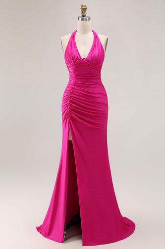 Fuchsia Glitter Mermaid Halter Ruched Long Prom Dress with Slit