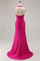 Load image into Gallery viewer, Fuchsia Glitter Mermaid Halter Ruched Long Prom Dress with Slit
