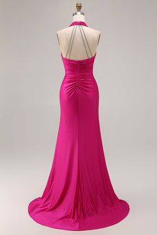 Fuchsia Glitter Mermaid Halter Ruched Long Prom Dress with Slit