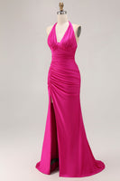 Load image into Gallery viewer, Fuchsia Glitter Mermaid Halter Ruched Long Prom Dress with Slit