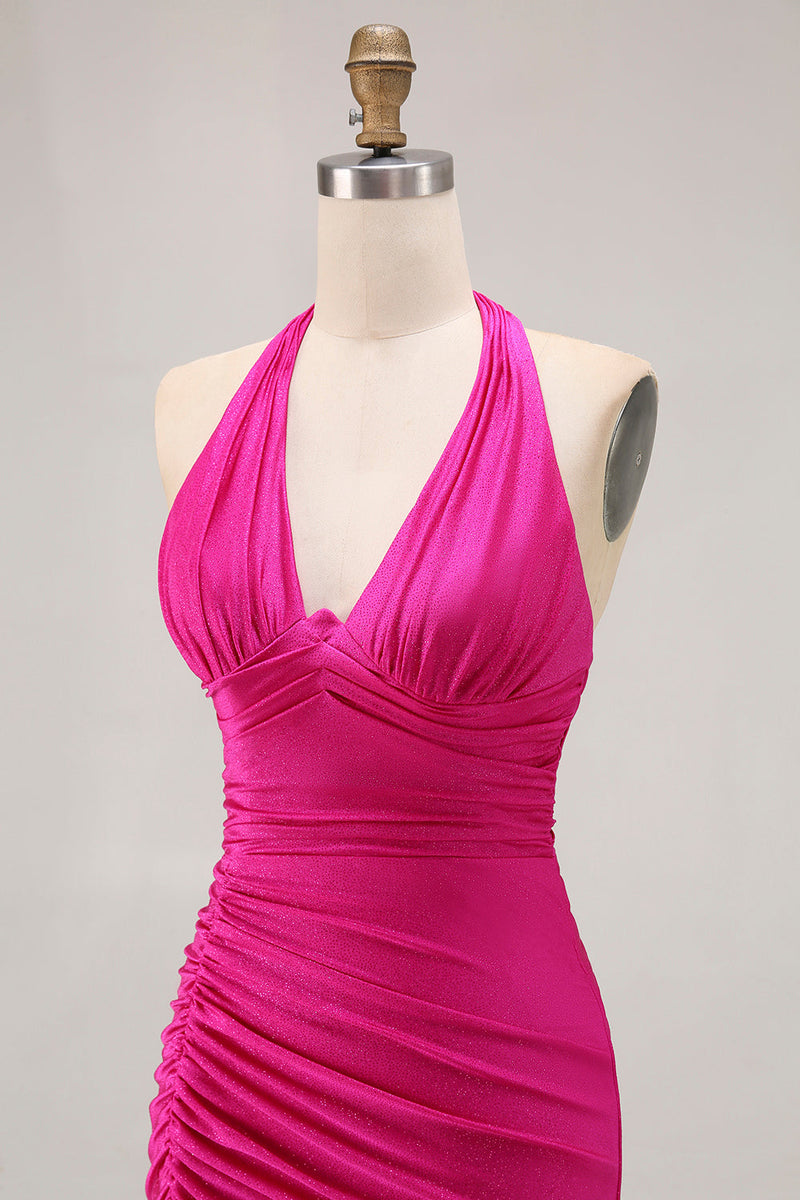 Load image into Gallery viewer, Fuchsia Glitter Mermaid Halter Ruched Long Prom Dress with Slit