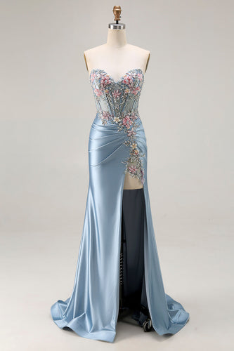 Floral Grey Blue Mermaid Ruched Satin Long Corset Prom Dress with Slit