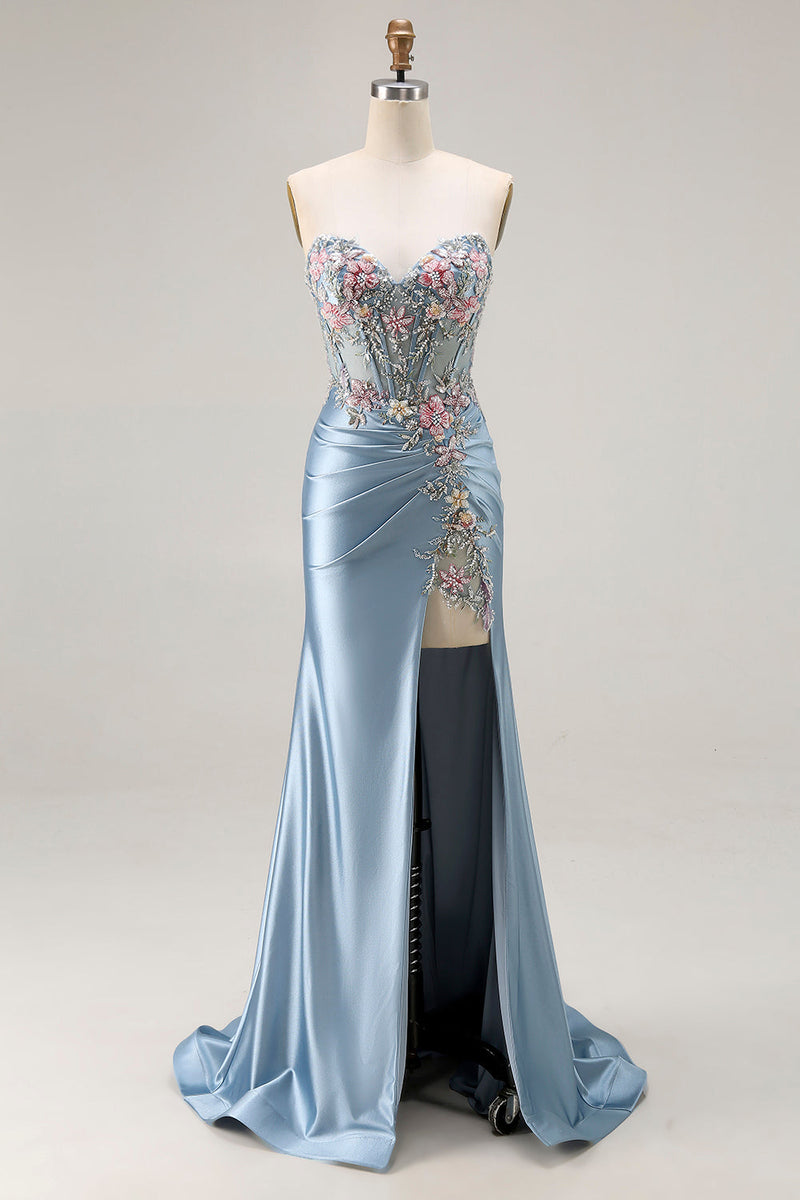 Load image into Gallery viewer, Floral Grey Blue Mermaid Ruched Satin Long Corset Prom Dress with Slit