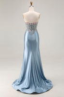 Load image into Gallery viewer, Floral Grey Blue Mermaid Ruched Satin Long Corset Prom Dress with Slit