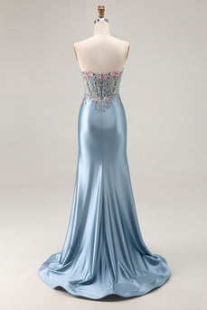 Floral Grey Blue Mermaid Ruched Satin Long Corset Prom Dress with Slit
