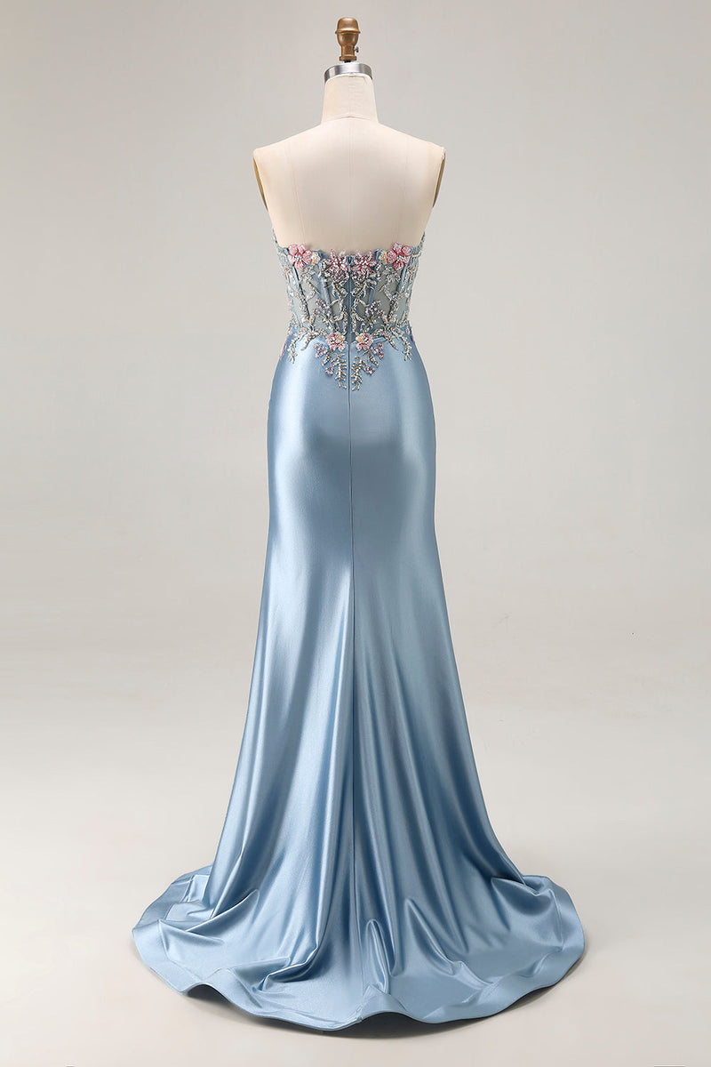 Load image into Gallery viewer, Floral Grey Blue Mermaid Ruched Satin Long Corset Prom Dress with Slit