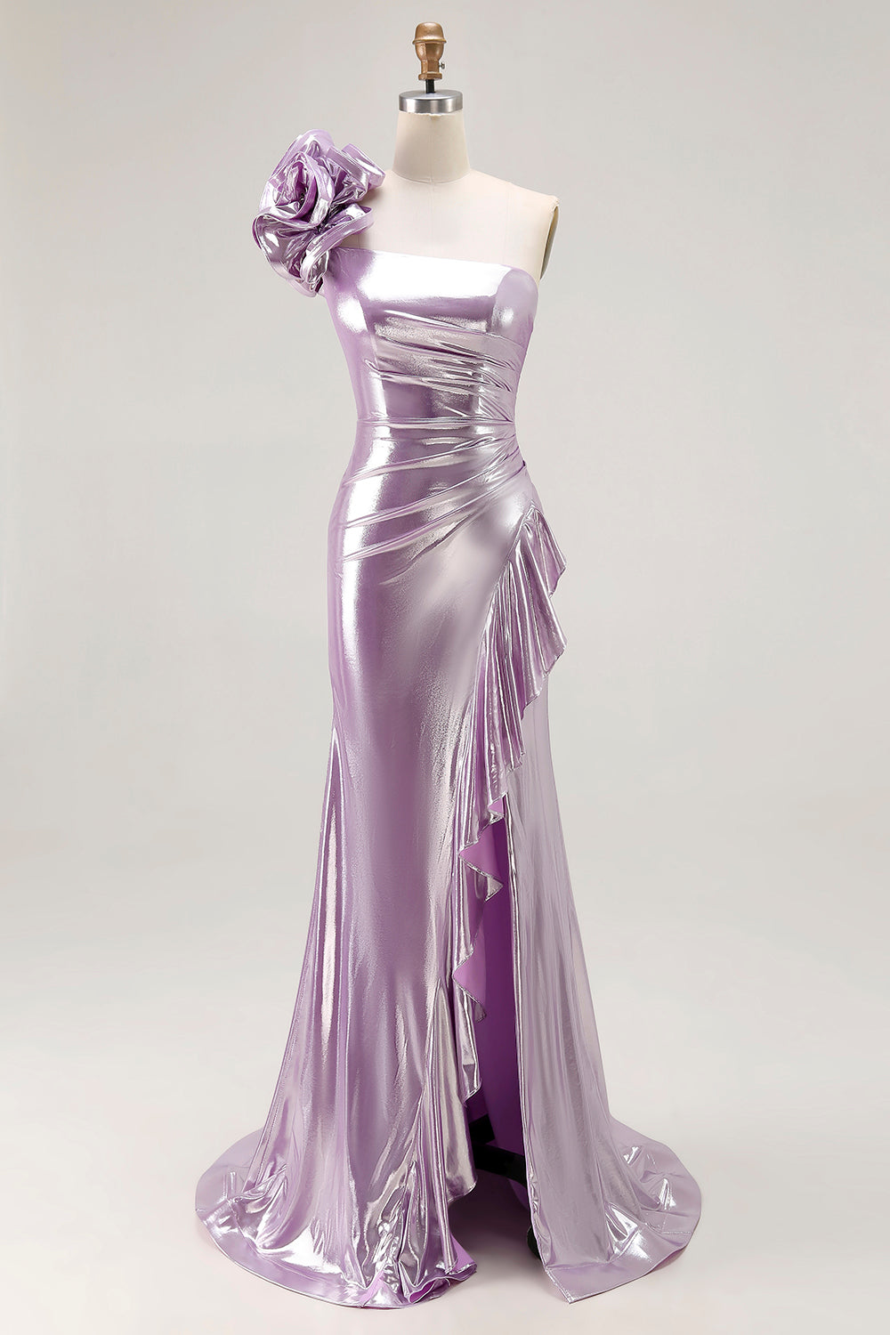 Sparkly Light Purple Mermaid Ruffled Metallic Long Prom Dress with 3D Flower