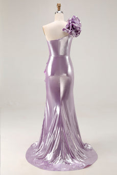 Sparkly Light Purple Mermaid Ruffled Metallic Long Prom Dress with 3D Flower