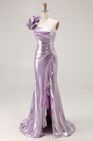 Load image into Gallery viewer, Sparkly Light Purple Mermaid Ruffled Metallic Long Prom Dress with 3D Flower