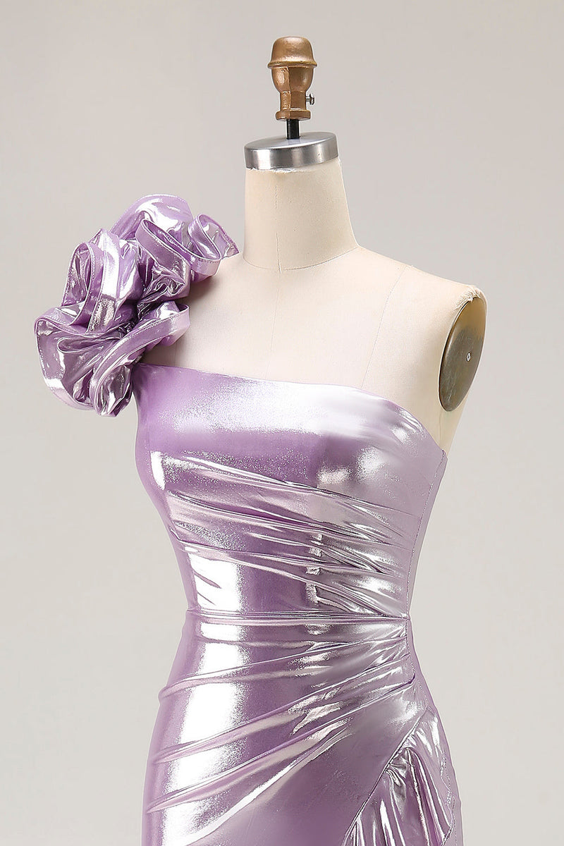 Load image into Gallery viewer, Sparkly Light Purple Mermaid Ruffled Metallic Long Prom Dress with 3D Flower