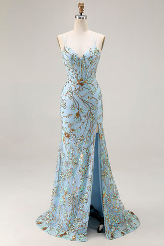 Sparkly Lake Blue Mermaid Sequins Long Corset Prom Dress with Slit