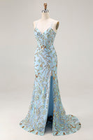 Load image into Gallery viewer, Sparkly Lake Blue Mermaid Sequins Long Corset Prom Dress with Slit
