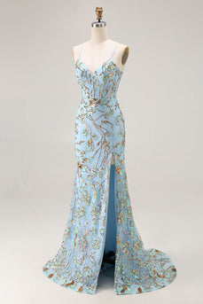 Sparkly Lake Blue Mermaid Sequins Long Corset Prom Dress with Slit