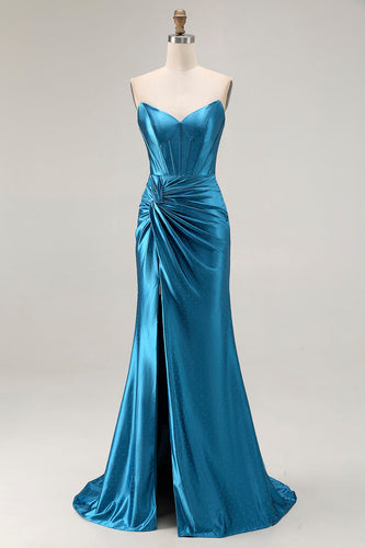 Royal Blue Mermaid Ruched Satin Long Corset Prom Dress with Slit