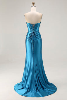 Royal Blue Mermaid Ruched Satin Long Corset Prom Dress with Slit