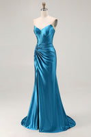Load image into Gallery viewer, Royal Blue Mermaid Ruched Satin Long Corset Prom Dress with Slit