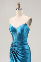 Load image into Gallery viewer, Royal Blue Mermaid Ruched Satin Long Corset Prom Dress with Slit