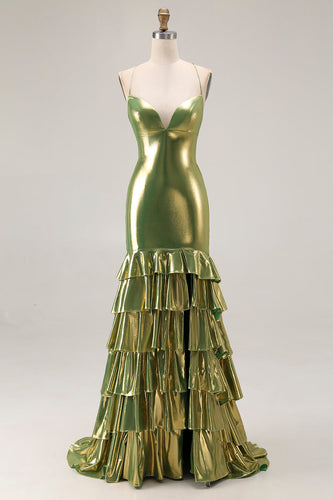 Gold Mermaid Tiered Metallic Long Prom Dress with Ruffles