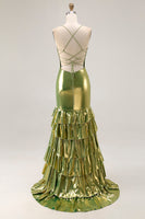 Load image into Gallery viewer, Gold Mermaid Tiered Metallic Long Prom Dress with Ruffles