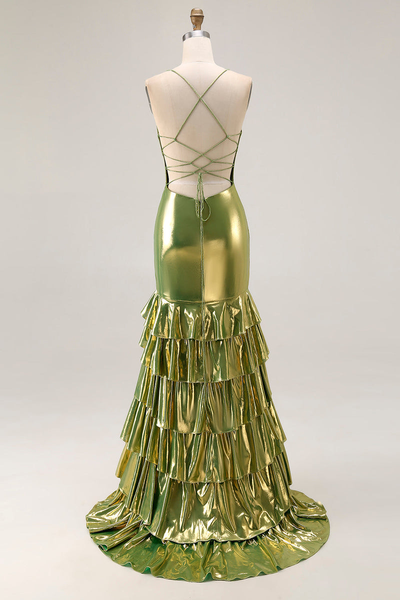 Load image into Gallery viewer, Gold Mermaid Tiered Metallic Long Prom Dress with Ruffles