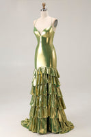 Load image into Gallery viewer, Gold Mermaid Tiered Metallic Long Prom Dress with Ruffles